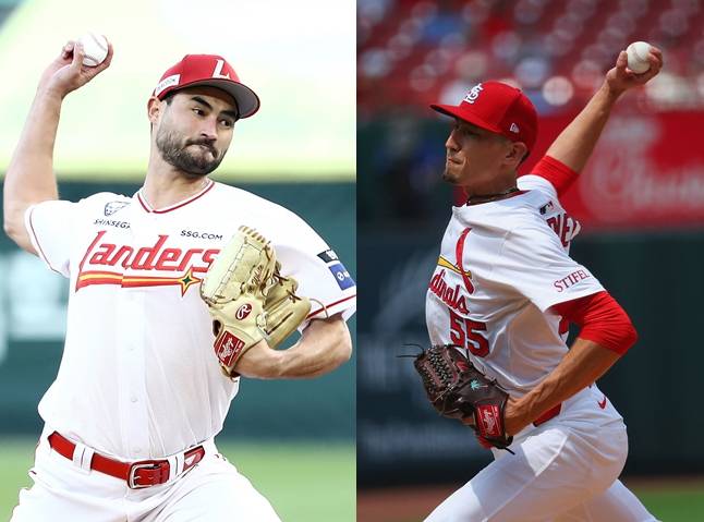 한국계 미국인 투수 SSG 미치 화이트(왼쪽)와 세인트루이스 라일리 오브라이언./사진=SSG 랜더스, AFPBBNews=뉴스1