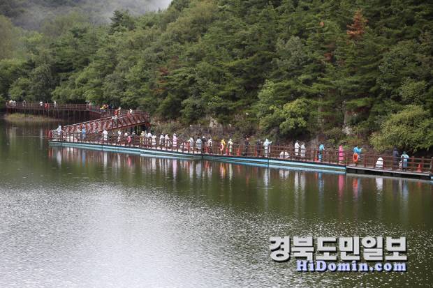 금오산 저수지 테크 늘어서 있는 조사들.사진=유재영 기자