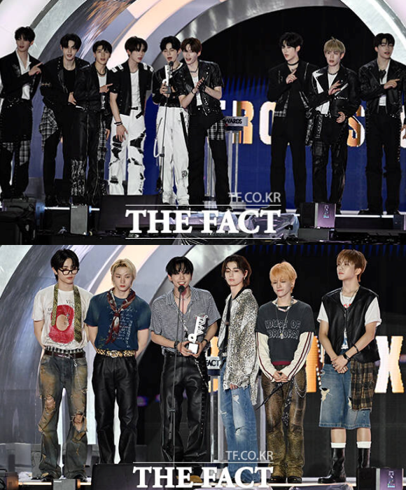 제로베이스원(위쪽)은 월드 베스트 퍼포머와 올해의 아티스트를, 보이넥스트도어는 월드 베스트 웨이브와 올해의 아티스트를 품에 안았다. /마카오=임영무 기자