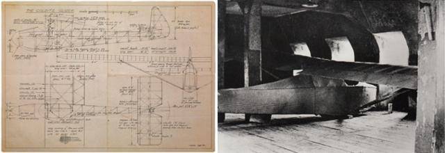 탈출을 위해 지붕에서 띄울 예정으로 콜디츠 수용자들이 만든 글라이더, 일명 '콜디츠 수탉'의 설계도(왼쪽)와 실물. 열린책들 제공