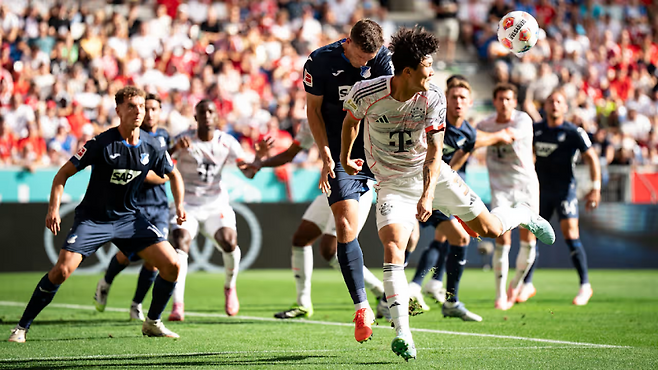 20일 프리제로 아레나에서 열린 호펜하임과 뮌헨의 2025~26 분데스리가 4라운드. 뮌헨 김민재가 머리로 공을 걷어내고 있다. 사진=뮌헨