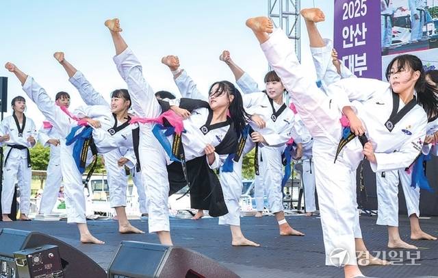안산시 태권도시범단 선수들이 멋진 공연을 펼치고 있다. 김시범·윤원규기자