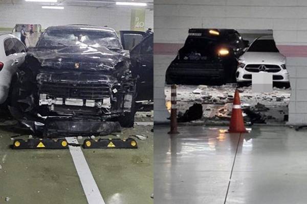 한 포르쉐 차량이 주차장 벽을 뚫고 나가는 사고가 발생한 가운데, 현장의 모습이 "만화 같다"는 반응이 쏟아지고 있다. /사진=보배드림 캡처