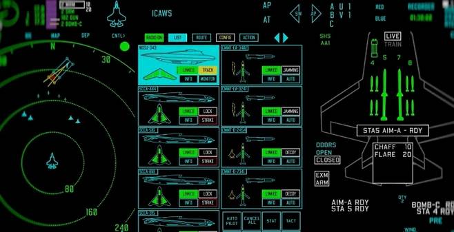 F-35 전투기 조종석 광역 디스플레이에 구현된 ‘애자일 드론 프레임워크’ 영상 화면. 조종사가 벡티스와 다른 무인기들을 터치스크린으로 지휘·통제하는 개념을 보여준다. 록히드마틴 제공