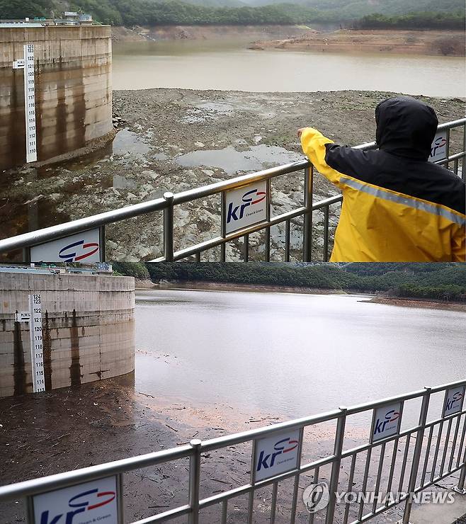 50% 넘긴 오봉저수지 저수율 (강릉=연합뉴스) 류호준 기자 = 21일 강원 강릉지역 주상수원인 오봉저수지 저수율이 크게 오르고 있다.
    위는 지난 13일 메마른 오봉저수지 모습, 아래는 이날 물이 차오른 오봉저수지 모습. 2025.9.21 ryu@yna.co.kr