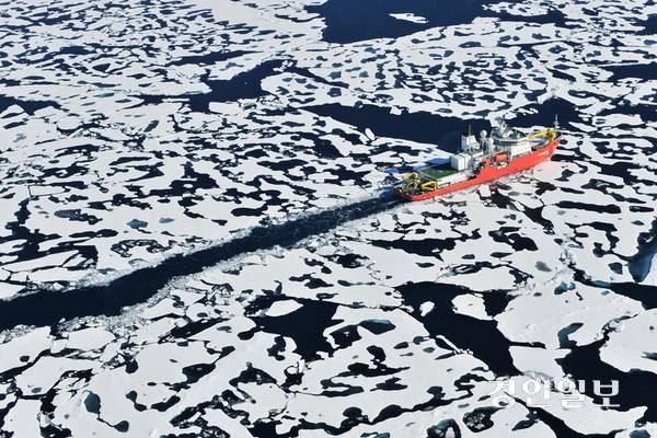 ‘북극항로 개발’이 해양 업계의 주요 화두로 떠오르면서 인천도 적극적으로 대응해야 한다는 목소리가 나오고 있다. 사진은 우리나라 유일한 쇄빙선인 ‘아라온’호가 북극해를 항해하고 있는 모습. /경인일보DB