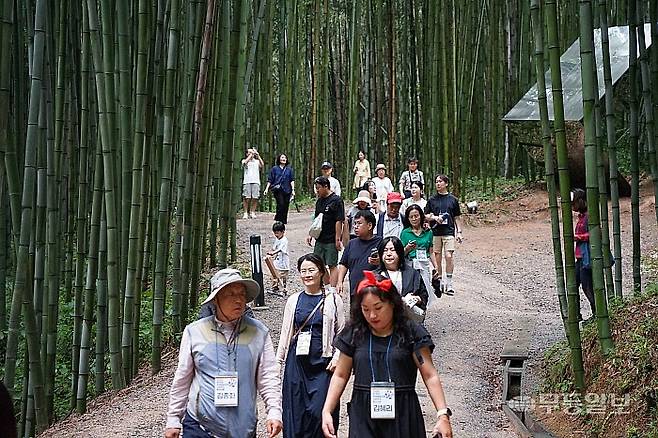 20일 오전 교류투어 참가자들이 담양 죽녹원을 걷고 있다.