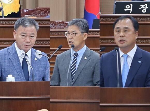 5분 자유발언과 군정질문에 나선 양주영 의원, 군정질문을 펴고 있는 김정흠 의원, 김왕중 의원(좌로부터) [사진=임실군의회 ]