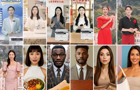 이커머스 분야 버추얼 휴먼 활용이 늘고 있다. 사진 속 인물들 가운데 윗줄 왼쪽 다섯 번째와 여섯 번째만 실제 인간 쇼호스트로, 지난해 11월 롯데홈쇼핑에서 여행상품을 판매하는 모습이다. 나머지는 중국과 국내 버추얼 휴먼. [사진 딥브레인AI, PLTFRM]