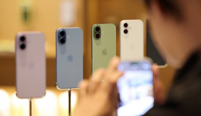 19일 오전 서울 중구 명동 애플스토어에서 한 시민이 이날 출시된 애플의 스마트폰 '아이폰17' 제품을 살펴보고 있다. 사진=뉴스1