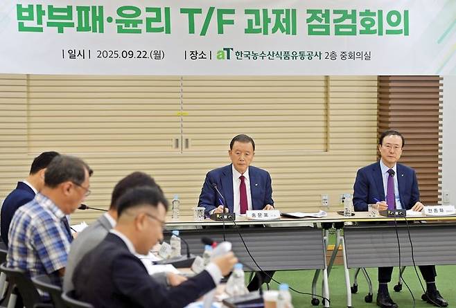 [세종=뉴시스] 한국농수산식품유통공사(aT)가 22일 나주 본사에서 '반부패·윤리 TF 과제점검 회의'를 개최하고 있다. (사진=aT 제공) *재판매 및 DB 금지