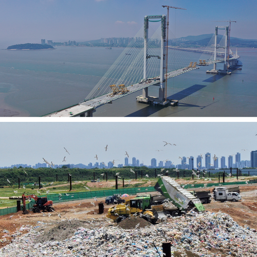 사진은 12월 개통을 앞둔 인천 제3연륙교(위)와 서구 수도권매립지 3-1매립장. /경인일보DB