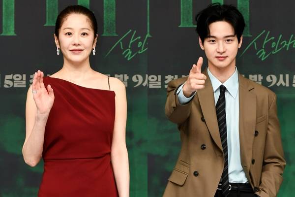 SBS 금토드라마 '사마귀: 살인자의 외출' 제작발표회에 참석한 고현정(좌), 장동윤 ⓒSBS