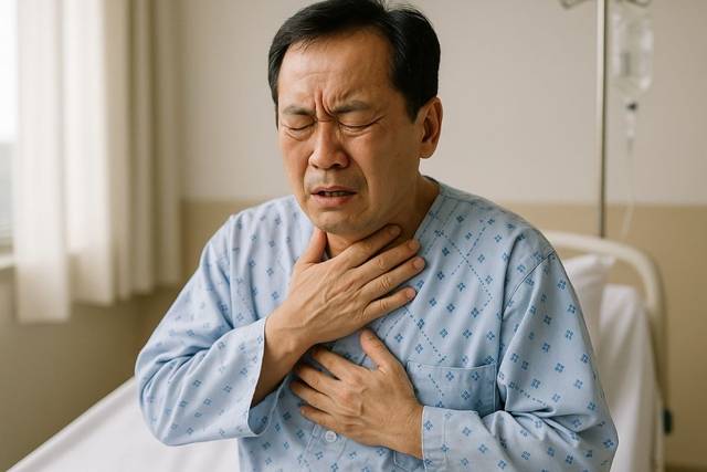 방사선 치료를 받은 환자가 통증을 호소하고 있다. 챗GPT 이미지 생성.