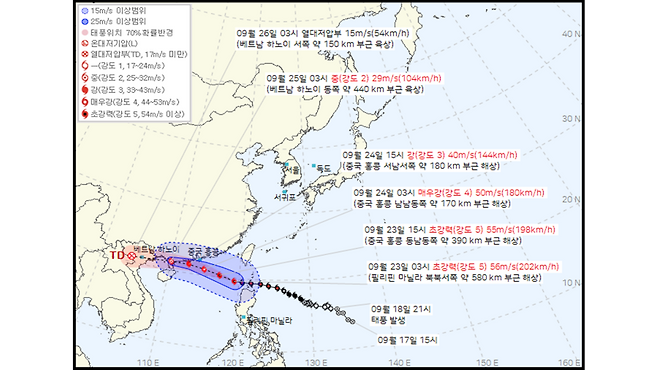 제18호 태풍 '라가사' 예상 이동경로 (사진, 기상청)