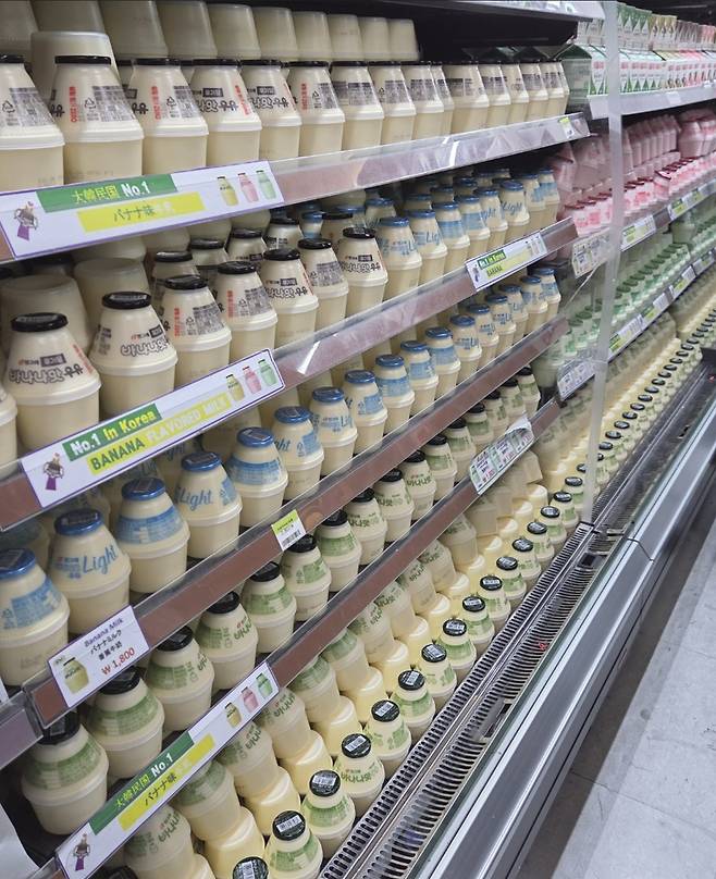 Binggrae's Banana Flavored Milk bottles fill five shelves at a CU convenience store in Incheon International Airport's Terminal 1 Gate 5 on Sept. 22. [CU]