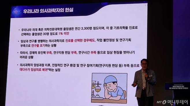 22일) 서울 중구 반얀트리클럽 앤 스파 서울에서 열린 '바이오헬스에서 찾는 포항 미래발전포럼'에서 의사과학자인 서울성모병원 내과 김완욱 교수가 우리나라의 의사과학자가 부족한 현실에 대해 지적하고 있다. /사진=정심교 기자