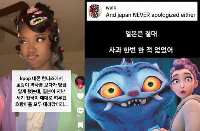 한 해외 틱톡커가 케데헌을 통해 알게 된 사실을 설명하는 영상이 화제다. /사진=틱톡, 온라인 커뮤니티 캡처