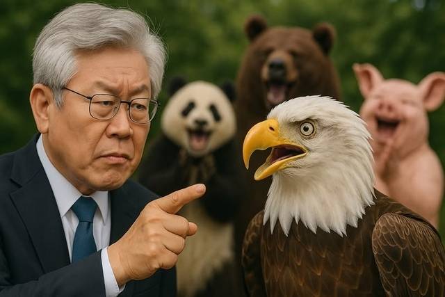 이준석 개혁신당 대표가 이재명 대통령이 미국을 상징하는 독수리를 손가락질하는 듯한 인공지능(AI) 이미지를  페이스북에 공개했다. 이준석 개혁신당 대표 페이스북 캡처