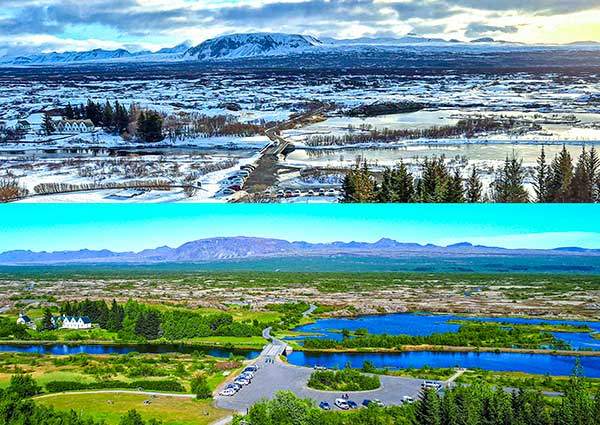 싱벨리어 벌판의 겨울과 여름. 싱벨리어국립공원에 온 사람들은 모두 전망대에서 이 벌판을 내려다본다. 지진과 화산이 불꽃 튀는 지형이었지만, 언제 그랬냐는 듯 다 지나간 일이라는 듯 고요한 풍경이다.