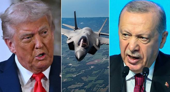 도널드 트럼프 미국 대통령(왼쪽), 미 공군의 F-35A 전투기(가운데), 레제프 타이이프 에르도안 튀르키예 대통령. 두 정상은 오는 25일 백악관에서 F-35 복귀와 F-16·보잉 항공기 계약 등을 포함한 방산 협상을 논의할 예정이다. AFP 연합뉴스·미 공군