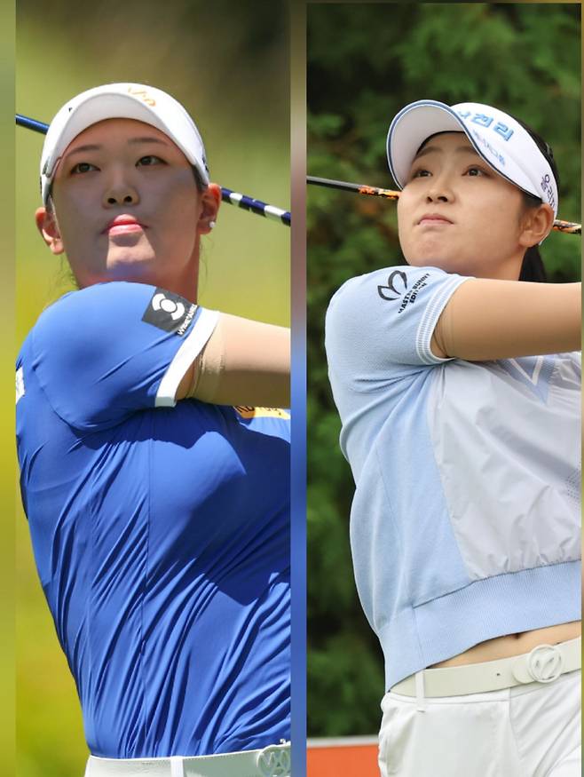 올해 마지막 메이저&nbsp;패권은 누가 차지할까. 올 시즌 3승을 거둔 다승 공동 1위 방신실(왼쪽)과 대상 1위·상금 2위에 올라있는 유현조가 하이트진로 챔피언십 전통인 맥주 세리머니의 주인공을 꿈꾸며 각각 우승에 도전한다. 사진제공 | KLPGA