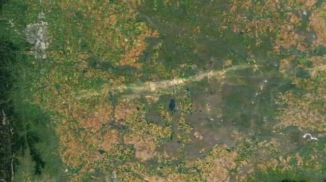 위성 사진 속 길게 생긴 줄무늬는 우박 폭풍이 남긴 흔적이다. (출처=NASA/AQUA/MODIS)