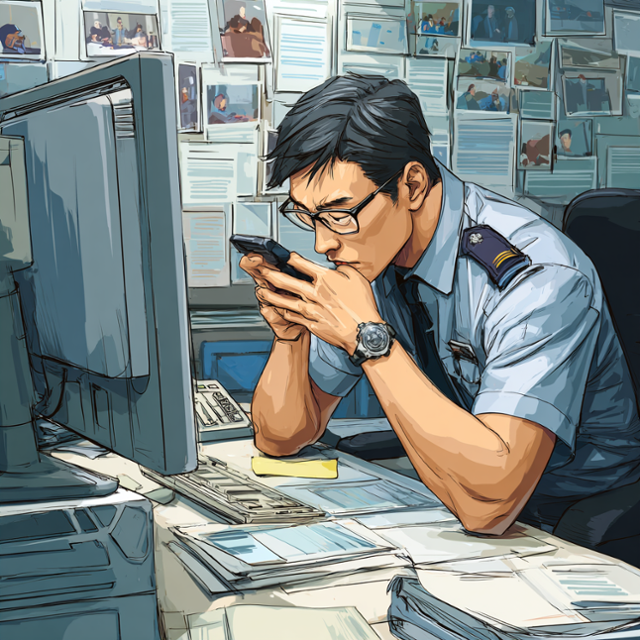 업무용 단말기로 개인정보를 조회하고 있는 경찰관의 모습을 인공지능으로 만든 이미지. 그래픽=최현빈 기자·미드저니