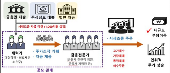 천억 자금 주가조작 구조도. 병원·학원 자산가가 자금을 대고, 금융권 전문가들이 시세조종 주문을 실행해 인위적 주가 상승과 부당이득을 챙긴 과정. (금융위원회 제공)