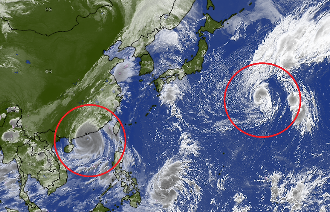 우리나라 주변 기상 위성 사진, 왼쪽 아래가 18호 태풍 '라가사', 오른쪽이 19호 태풍 '너구리' (사진, 윈디)