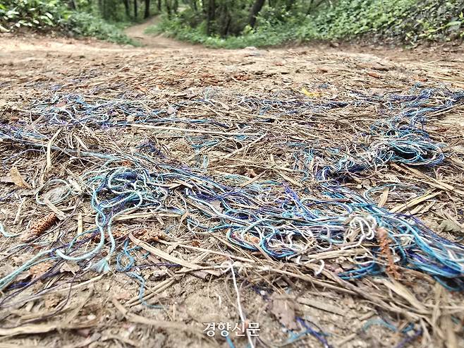 광주 북구 삼각산 둘레길에 설치된 야자매트에서 플라스틱 섬유가 드러나 있다. 광주환경운동연합 제공.