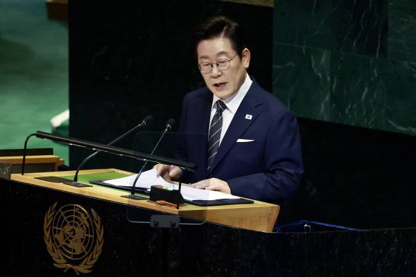 유엔 총회 기조연설하는 이재명 대통령.연합뉴스