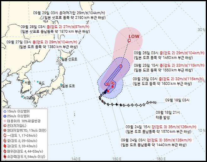 19호 태풍 '너구리' 예상 경로 [기상청 제공]