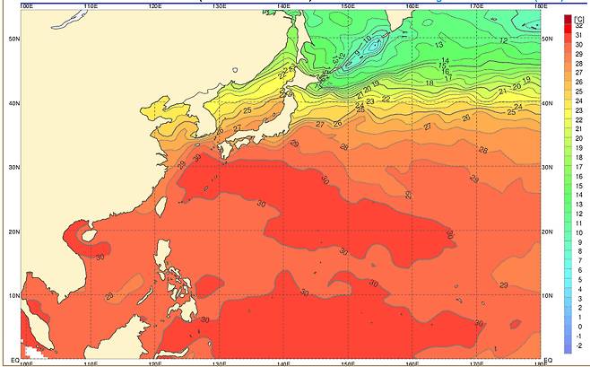30도 안팎인 서태평양 해수면 온도 [기상청 제공]