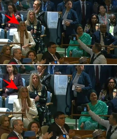 도널드 트럼프 미국 대통령이 지난 23일(현지시간) 유엔 총회에서 연설을 마친 뒤 마지못해 박수를 보내는 멜라니아 여사. 로이터 연합뉴스