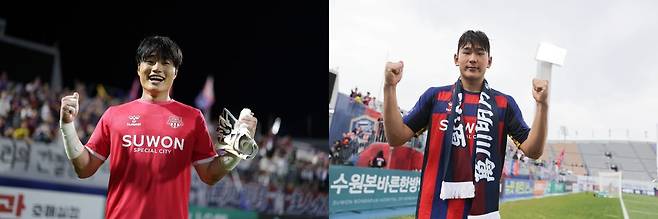 올해 수비 불안에 시달리던 수원FC는 최근 골키퍼 황재윤과 센터백 이현용(왼쪽부터)의 성장으로 안정을 찾아가고 있다. U-20 대표팀 감독 시절부터 이들을 눈여겨 본 김은중 감독도 둘의 활약 덕분에 안도하고 있다. 사진제공│한국프로축구연맹