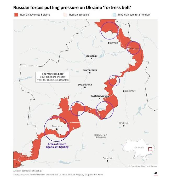 우크라이나군 도네츠크 전선의 '요새 벨트' (서울=연합뉴스) 우크라이나군이 최후 방어선으로 설정한 슬로비얀스크, 크라마토르스크, 드루즈키우카, 코스티안티니우카 등 4개 도시로 '요새 벨트'를 만든 우크라이나 동부 도네츠크 주의 2025년 9월 17일 기준 점령 상황. [전쟁연구소(ISW) 자료. DB 및 재판매 금지] 2025.9.24.