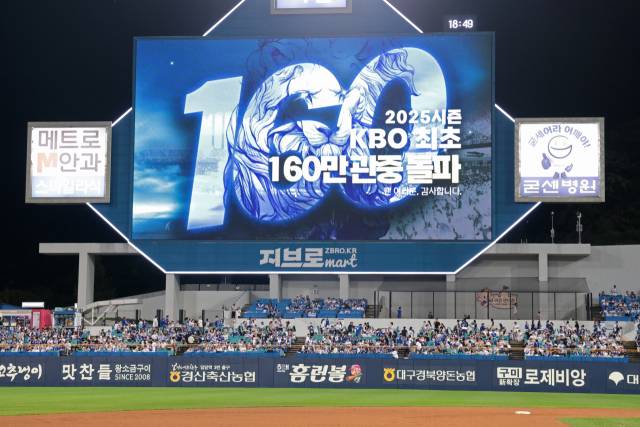 삼성 라이온즈가 25일 대구에서 열린 키움 히어로즈와의 경기 때 프로야구 사상 최초로 160만 관중 고지를 돌파하자 구장 전광판에 이를 알리는 메시지가 뜨고 있다. 삼성 제공