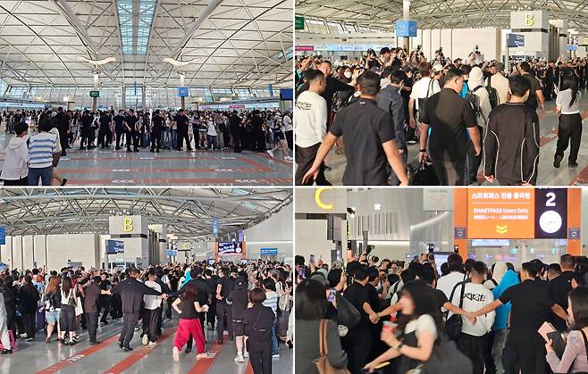 지난 6일 인천국제공항 출국장에서 아이돌 그룹 라이즈(RIIZE)가 경호원들에 둘러싸여 출국하고 있다. /남강호 기자