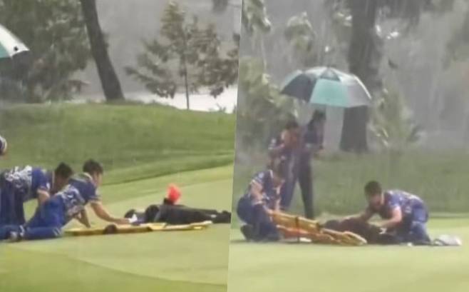 벼락에 맞은 캐디를 구조하는 장면. /태국 매체 'siamrath'