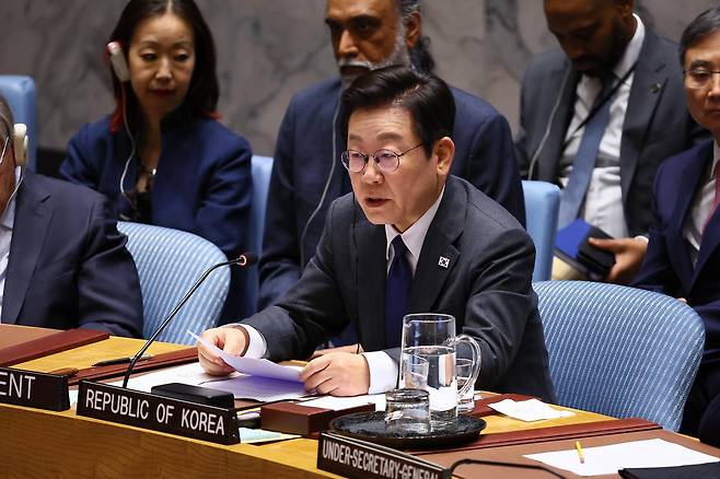이재명 대통령이 24일(현지시간) 미국 뉴욕 유엔본부에서 안전보장이사회 공개토의를 주재하고 있다. 2025.09.24 대통령실사진기자단 .