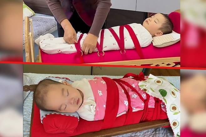 중국 내몽골 전통 울루기에 놓여있는 아기 모습. 큐큐닷컴(QQ) 캡처