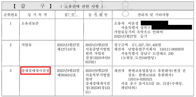[사진=홍원식 전 남양유업 회장 자택 등기부등본]