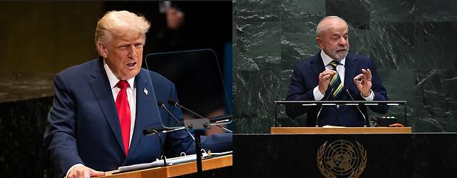지난 23일(현지시간) 뉴욕에서 열린 제80차 UN총회에서 연설하고 있는 트럼프 미국 대통령과 룰라 브라질 대통령의 모습[AP, 신화통신]