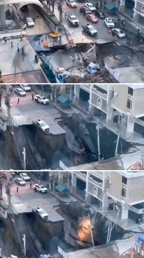 태국 현지시간으로 24일 오전 7시 15분쯤 방콕 바지라 대학병원 앞 삼센 로드 구간에서 도로 전체가 내려앉는 사고가 발생했다. 엑스 영상 캡처