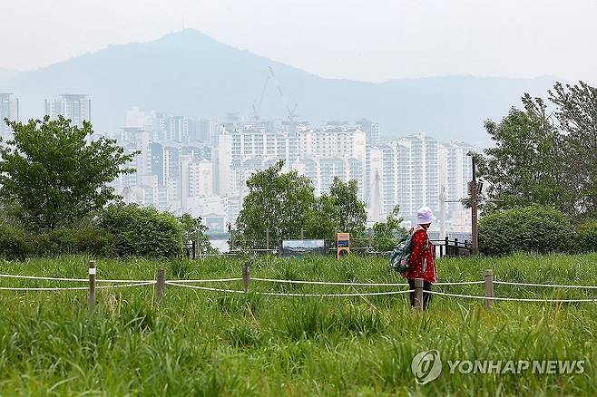 흐린 날씨의 서울 (서울=연합뉴스) 김성민 기자 = 구름이 많아 흐린 날씨를 보인 11일 서울 마포구 하늘공원에서 한 시민이 이동하고 있다. 2025.5.11 ksm7976@yna.co.kr