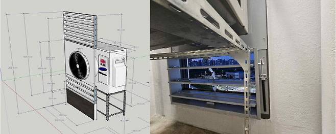 실외기 받침대를 20~30cm 레벨 업. 흡기창 25도 기준 무전원 자동 개폐 방식. 사진=한국오토쉘(주) 제공.