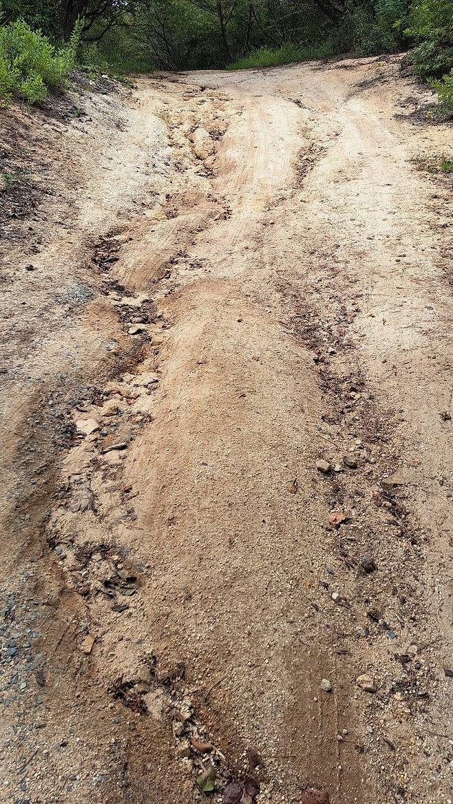 종주코스의 임도에 토사 유출로 패이거나 강도가 약한 곳이 있어 이 구간 등산을 하는 이용자들은 주의가 필요하다.