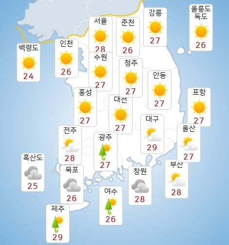 26일 낮 전국 날씨 전망