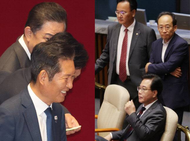 투표 후 미소짓는 정청래 민주당 대표와 필리버스터 지켜보는 송언석 국민의힘 대표(사진=연합뉴스)